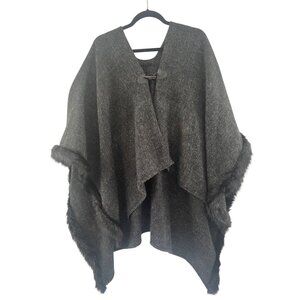vintage fur trim cape/  Poncho Toggle Closure Women black grey tweedy